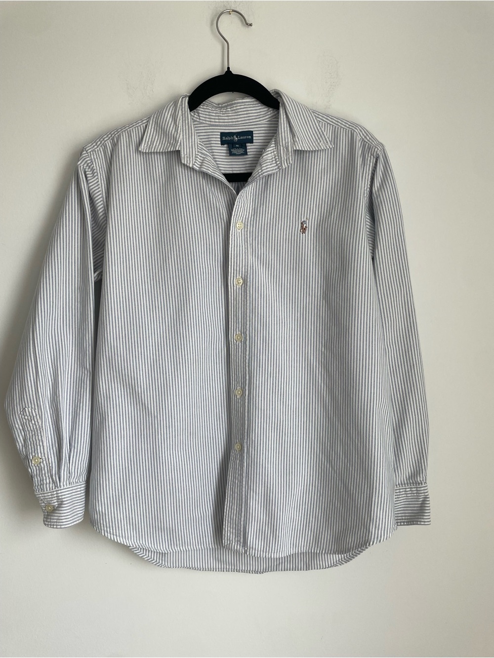 Ralph Lauren Boys Cotton Blue And White Striped Button Up Shirt Pony Logo Sz 16
